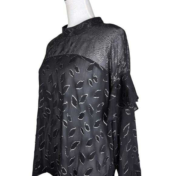 BCBGMaxazria Black Sheer Chiffon Silver Metallic Leaf Print High Neck Blouse - Picture 9 of 15